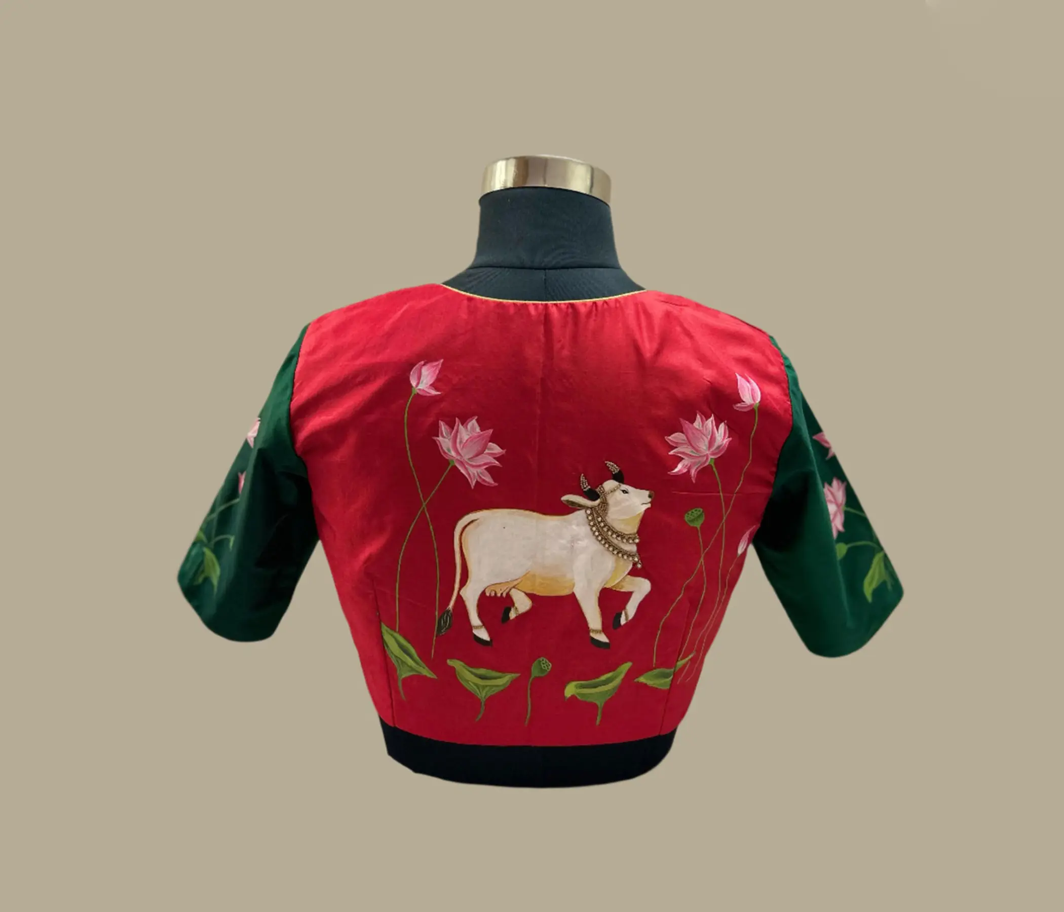 Hand Painted Lotus & Sacred Cow Blouse | Artisan-Crafted Designer Blouse for Sarees